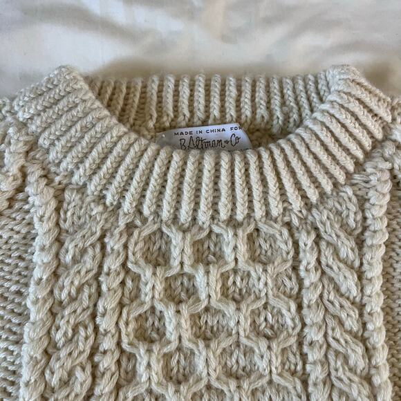 Vtg Cream 100% Wool Hand Cable Knit Pullover Sweater Sz L Irish Fisherman Heavy - Picture 2 of 7